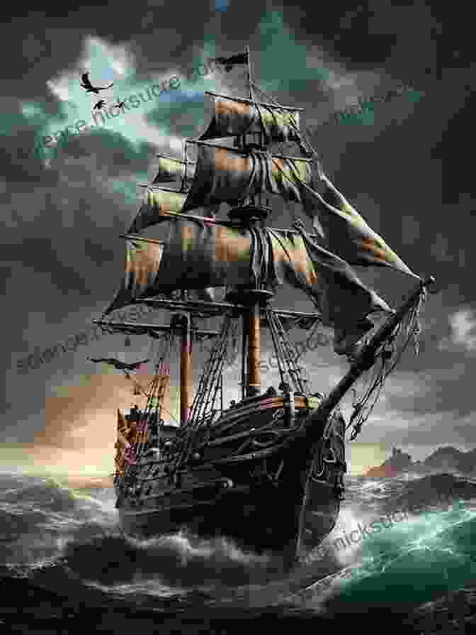 An Imposing Pirate Ship Sails Through Stormy Waters, Its Black Sails Billowing In The Wind. Crossing Pirate Waters (Escape 2)